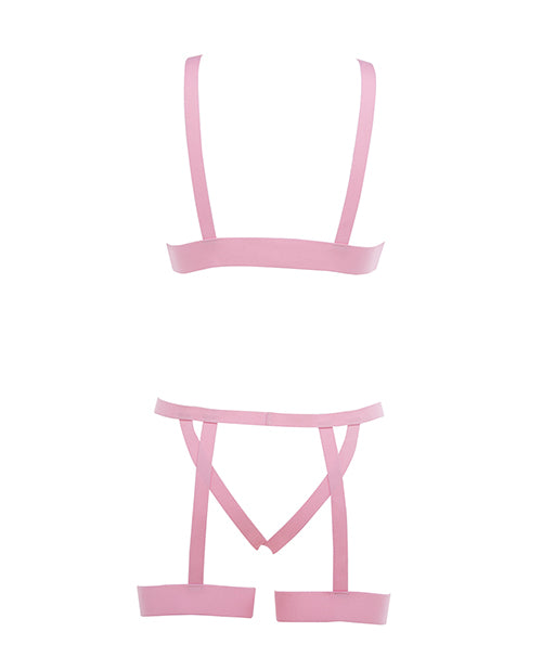 Kitten Teaser Strappy Open Cup Bra & Open Panty w/Leg Straps Pink O/S
